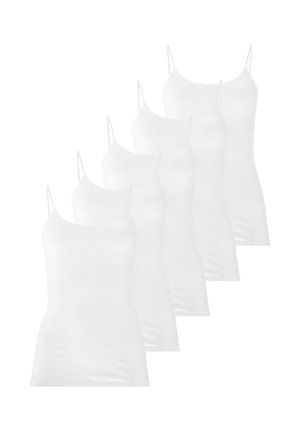 Sæt med fem hvide, ærmeløse camisole toppe med tynde skulderstropper, arrangeret i et forskudt overlappende mønster.