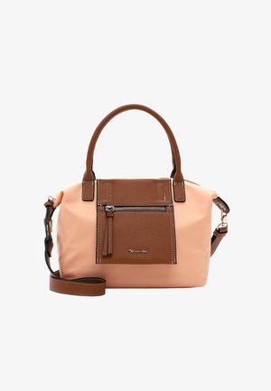 Beige and brown handbag with dual handles, detachable shoulder strap, a front zip pocket, and textured accents. Smooth finish with white stitching.