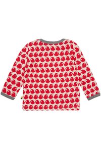 Camicia a maniche lunghe in cotone crema con un motivo ripetitivo di uccelli rossi. Accenti grigi sui polsini e sul colletto. Texture morbida.