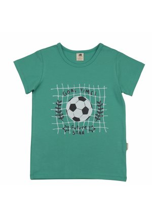 Green short-sleeve t-shirt with a soccer ball, goal net, and text "Goal Time! Future Star" on the front.