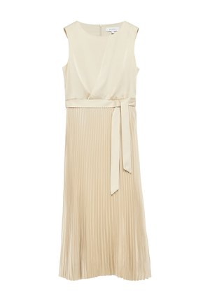 Sleeveless beige midi dress with pleated skirt, wrap-style bodice, and matching fabric belt tied at the waist.