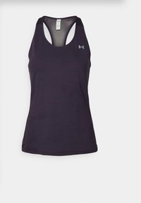 Lila träningslinne med en andningsbar mesh-design, racerback-stil och Under Armour-logga på övre vänstra bröstområdet.