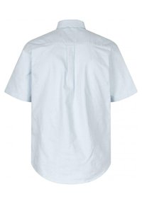 Camisa azul claro de manga corta con pliegue trasero, cuello y dobladillo redondeado. Hecha de tela suave, con un diseño simple y limpio.