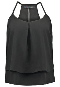 Haut noir sans manches en tissu léger, présentant un design superposé avec un pli central et un dos ouvert avec des bretelles fines.