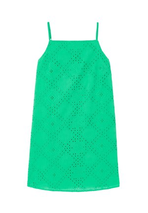 Robe verte sans manches avec fines bretelles et motif brodé floral ajouré sur tout le tissu.