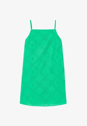 Robe verte sans manches avec fines bretelles et motif brodé floral ajouré sur tout le tissu.