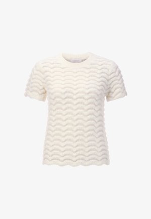 Valge lühikeste varrukatega sviiter, millel on tekstureeritud lainekujuline muster. Valmistatud pehmest ja kohevast materjalist, ümmarguse kaelusega ja kergelt läikiv.