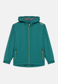Teal hooded jacket with front zipper and two zippered pockets, adjustable cuffs, and yellow CMP logo on the left shoulder.