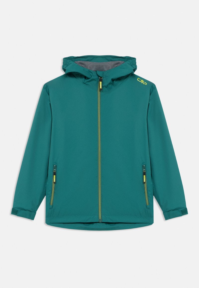 Teal hooded jacket with front zipper and two zippered pockets, adjustable cuffs, and yellow CMP logo on the left shoulder.