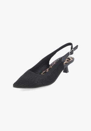 Schwarzer Netz-Slingback-Pumps mit Kitten-Heel, spitzer Spitze und Leopardenmuster-Innensohle, mit verstellbarem Schnallenriemen.