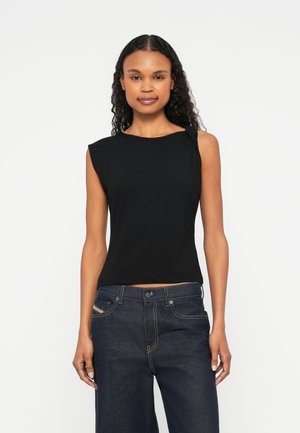 Black sleeveless top with a crew neck, featuring a structured shoulder design and soft texture, paired with dark denim wide-leg jeans.