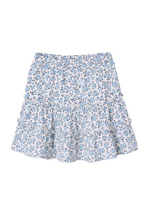 White tiered skirt with small blue and dark floral patterns and elastic waistband.