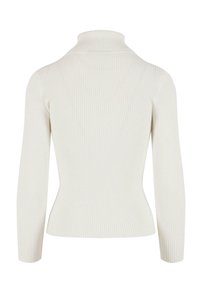 Sweter z kołnierzem w kolorze jasnej kremowej. Dopasowany krój z długimi rękawami. Miękka tekstura z pionowymi paskami. Bez widocznych zapięć.