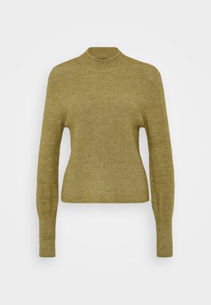 Maglione verde a coste con collo alto, maniche lunghe e vita aderente. Realizzato in un morbido tessuto a maglia testurizzato.