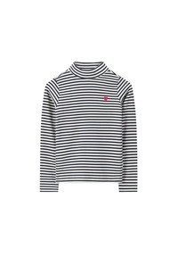 Langärmliges Rollkragenoberteil in Weiß und Marineblau gestreift, mit einem kleinen pinken Herz-Emblem auf der linken Brust. Weicher Stoff.