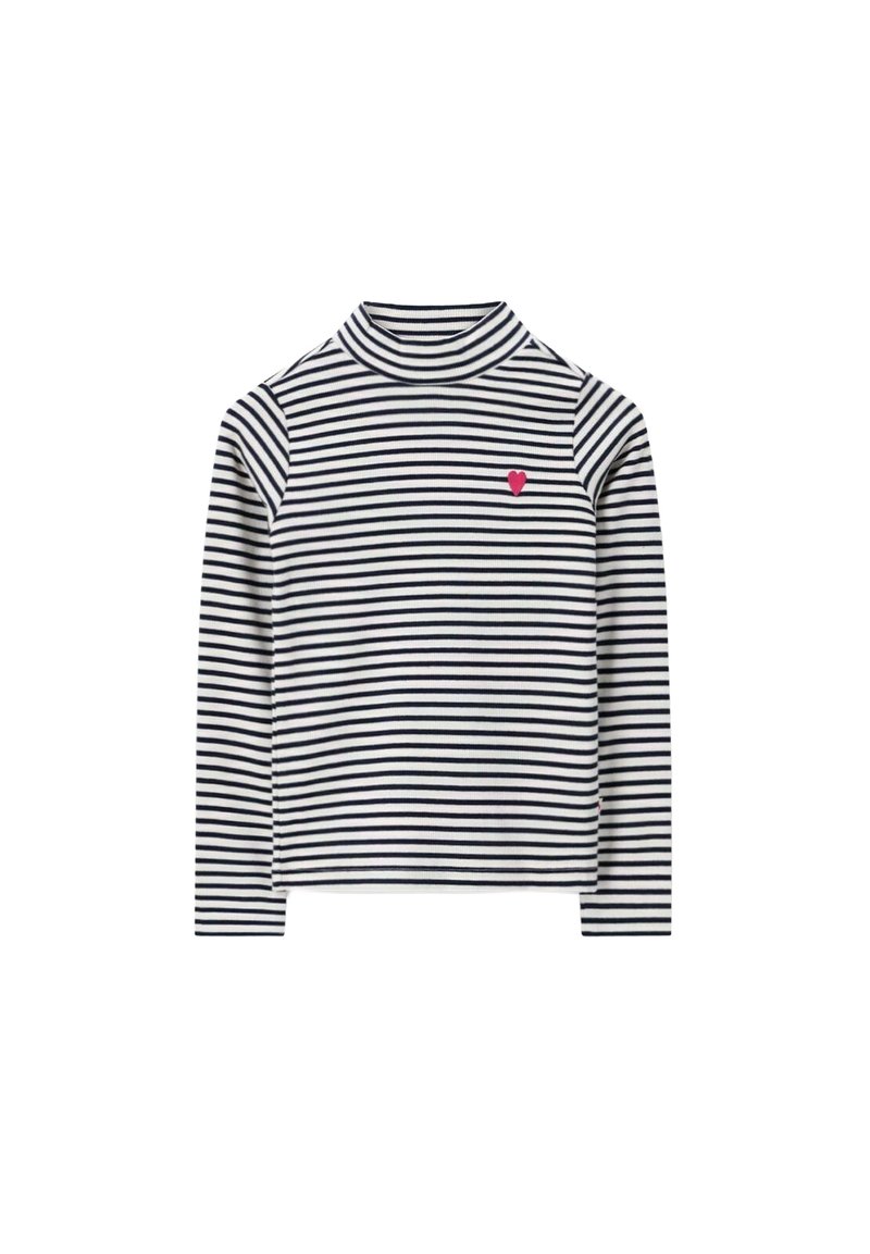 Langärmliges Rollkragenoberteil in Weiß und Marineblau gestreift, mit einem kleinen pinken Herz-Emblem auf der linken Brust. Weicher Stoff.