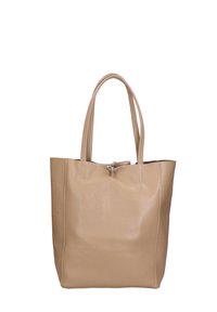 Borsa a spalla in pelle beige con due manici lunghi, superficie texture e chiusura con coulisse. Design semplice e spazioso.