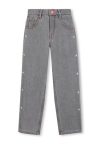 Jeans de mezclilla gris con corte recto, que cuentan con adornos de estrellas plateadas a lo largo de los costados, costuras en contraste y cierre de botón.