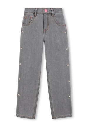 Graue Damenjeans aus Denim mit geradem Schnitt, verziert mit silbernen Sternen entlang der Seiten, farblich abgesetzten Nähten und einem Knopfverschluss.