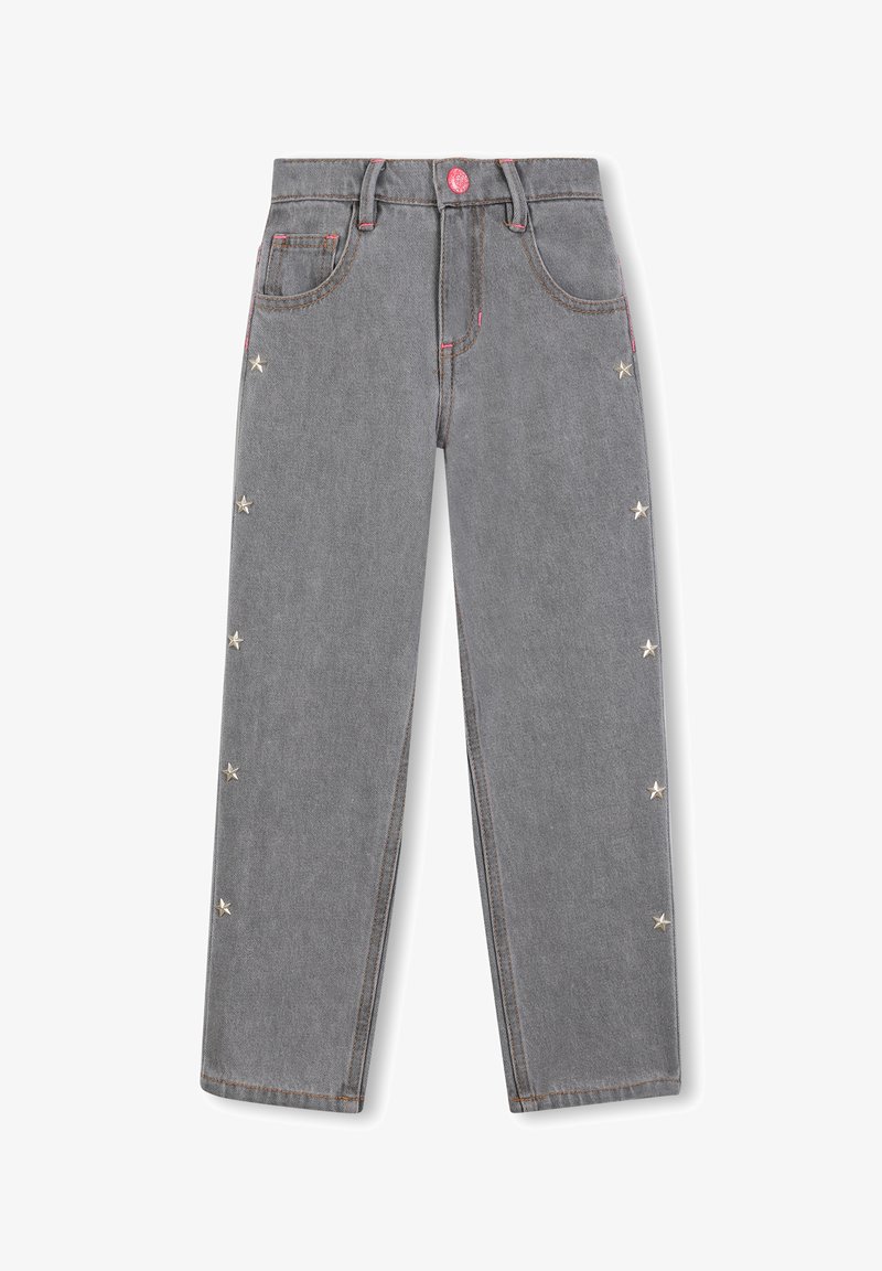 Pilki džinsai su tiesiu kirpimu, puošti sidabriniais žvaigždžių akcentais šonuose, kontrastingomis siūlėmis ir sagčių užsegimu.