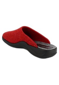 Red felt clogs with a rounded design, open back, and gray cushioned insole. Black rubber outsole with slight curve for added comfort.