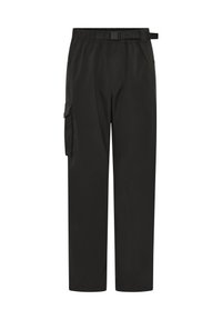 Μαύροι cargo παντελόνες με χαλαρή εφαρμογή, ελαστική μέση με ζώνη, πλαϊνή τσέπη και λεία υφή υφάσματος. Ρυθμιζόμενοι ιμάντες στις τσέπες.