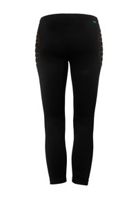 Leggings noirs avec taille élastique, dotés de coutures orange et d'un design texturé sur le côté. Tissu lisse avec une coupe ajustée.