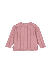 Vaaleanpunainen neulepaita, jossa on aaltoileva pääntie ja helma, sekä teksturoitu suunnittelu, jossa on pystysuoria raitoja ja aukkoja. Pitkät hihat.