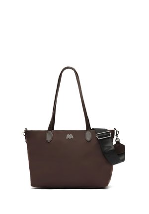 Brown nylon tote bag with two handles, a detachable shoulder strap, and a silver logo on the front. Smooth texture and streamlined design.