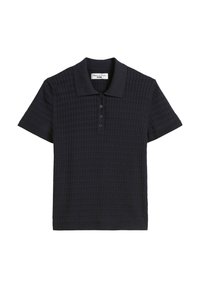 Marineblauwe polo met een gestructureerd wafelpatroon, korte mouwen en een ribgebreide kraag. Voorzien van vier knopen aan de voorkant voor sluiting.