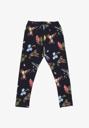 Leggings aus dehnbarem Material, mit einem dunklen Hintergrund und bunten Vogel- und Blumenmustern, einem elastischen Bund und einer figurbetonten Passform.