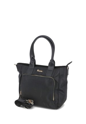 Black tote bag with two handles, front zip pocket, and an adjustable detachable shoulder strap placed beside it.
