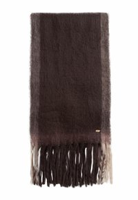 Tamno smeđi šal s mekim, pahuljastim teksturom. Sadrži gradijentni dizajn koji prelazi u svjetlije nijanse na resećem kraju. Uključena je mala oznaka.