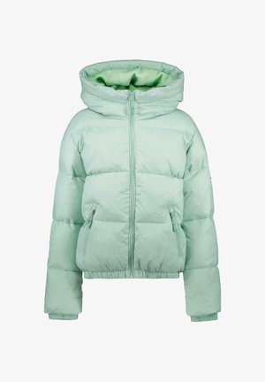 Light green puffer jacket with a hood, featuring a front zipper and side pockets. The fabric is smooth and slightly glossy.