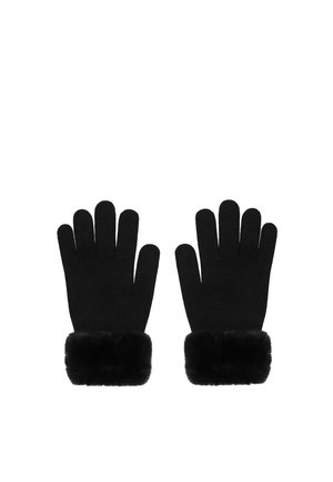 Black knit gloves with soft, plush fur cuffs, designed for warmth and winter wear, shown laid flat with fingers extended.