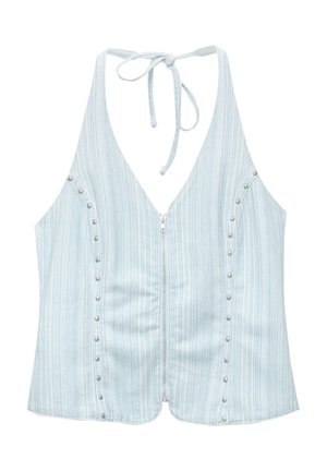 Haut sans manches rayé bleu clair avec un décolleté en V profond, fermeture éclair à l'avant et clous décoratifs argentés sur les côtés. Matière en mélange de coton.