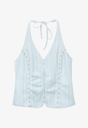 Haut sans manches rayé bleu clair avec un décolleté en V profond, fermeture éclair à l'avant et clous décoratifs argentés sur les côtés. Matière en mélange de coton.