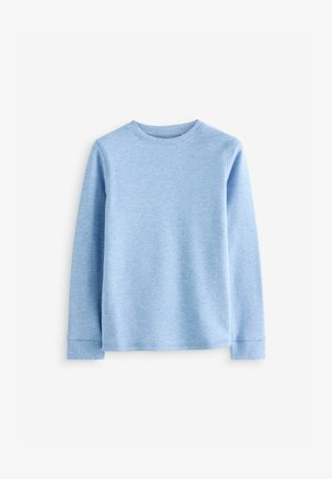 Šviesiai mėlyna ilgomis rankovėmis marškiniai, pagaminti iš tekstūrinio medvilnės, su apvalia iškirpte ir išilgai išsiūtomis rankogaliais. Minimalistinis dizainas be raštų.