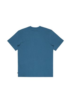 Gładki niebieski t-shirt z krótkim rękawem i okrągłym dekoltem, pokazany od tyłu na białym tle.