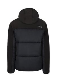 Schwarze Steppjacke mit Kapuze, mit glatter Textur, horizontalen Steppnähten und einem Etikett auf der oberen linken Seite.