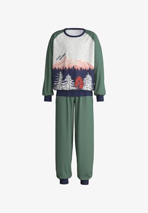 Groene en grijze trainingsoutfit met een berg- en berenafbeelding. Bevat lange mouwen, elastische boorden en taps toelopende broek met marineblauwe accenten.