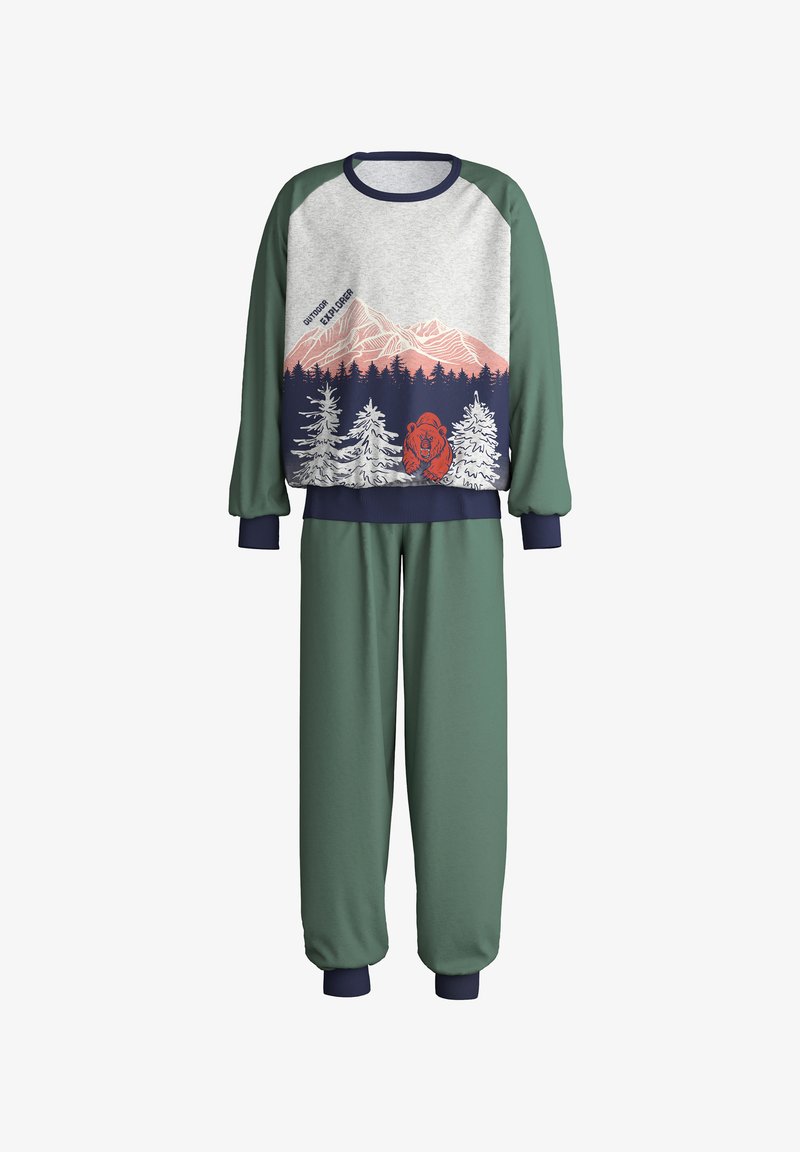 Grüner und grauer Trainingsanzug mit einem Grafikum von einem Berg und einem Bären. Er hat lange Ärmel, elastische Bündchen und taillierte Hosen mit navyblauen Akzenten.
