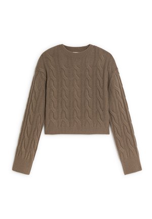 Bruine kabelgebreide cropped trui met lange mouwen, ronde halslijn, geribbelde zoom en een ingewikkeld gedraaid patroon door de stof.
