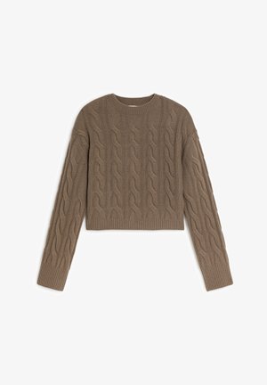 Bruine kabelgebreide cropped trui met lange mouwen, ronde halslijn, geribbelde zoom en een ingewikkeld gedraaid patroon door de stof.