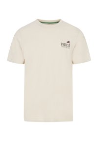 Cremefarvet bomulds t-shirt med rund halsudskæring, korte ærmer og et lille "PROTEST" logo trykt på brystet i sort og lilla.