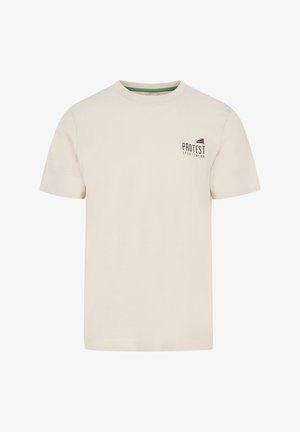 T-shirt en coton crème avec un col rond, des manches courtes et un petit logo "PROTEST" imprimé sur la poitrine en noir et violet.