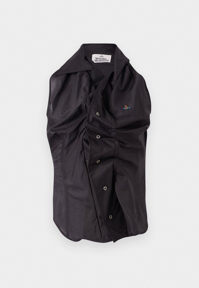 Black shirt with a structured collar, featuring a button-down front, textured fabric, and decorative logo embroidery on the chest.