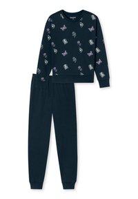 Mörk marinblå pyjamas-set med långärmad topp och matchande byxor. Har ett färgglatt blandat mönster av fjärilar och blommor. Mjukt bomullsmaterial.