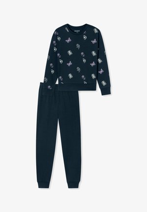 Dark navy pajama set with long-sleeve top and matching pants. Features a colorful mixed pattern of butterflies and floral designs. Soft cotton material.