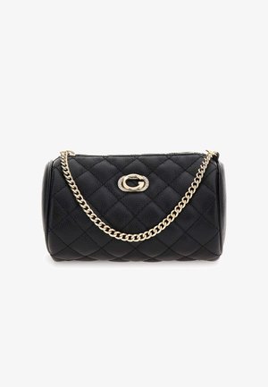 Borsa a tracolla in pelle nera trapuntata con catena dorata e logo ovale dorato "G" al centro della parte anteriore.
